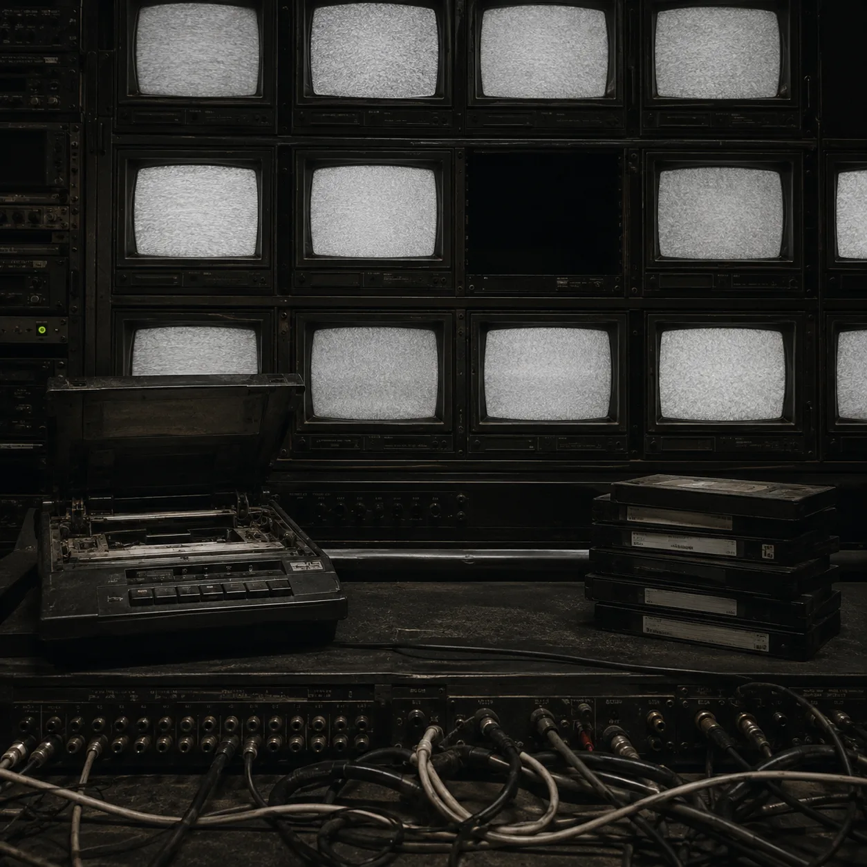 Архивная аппаратная со стеной CRT-мониторов и видеокассетами